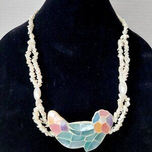 Mother of Pearl BIRD Shell Pastel Necklace Long Strand Inlaid Pendant 1980's VTG